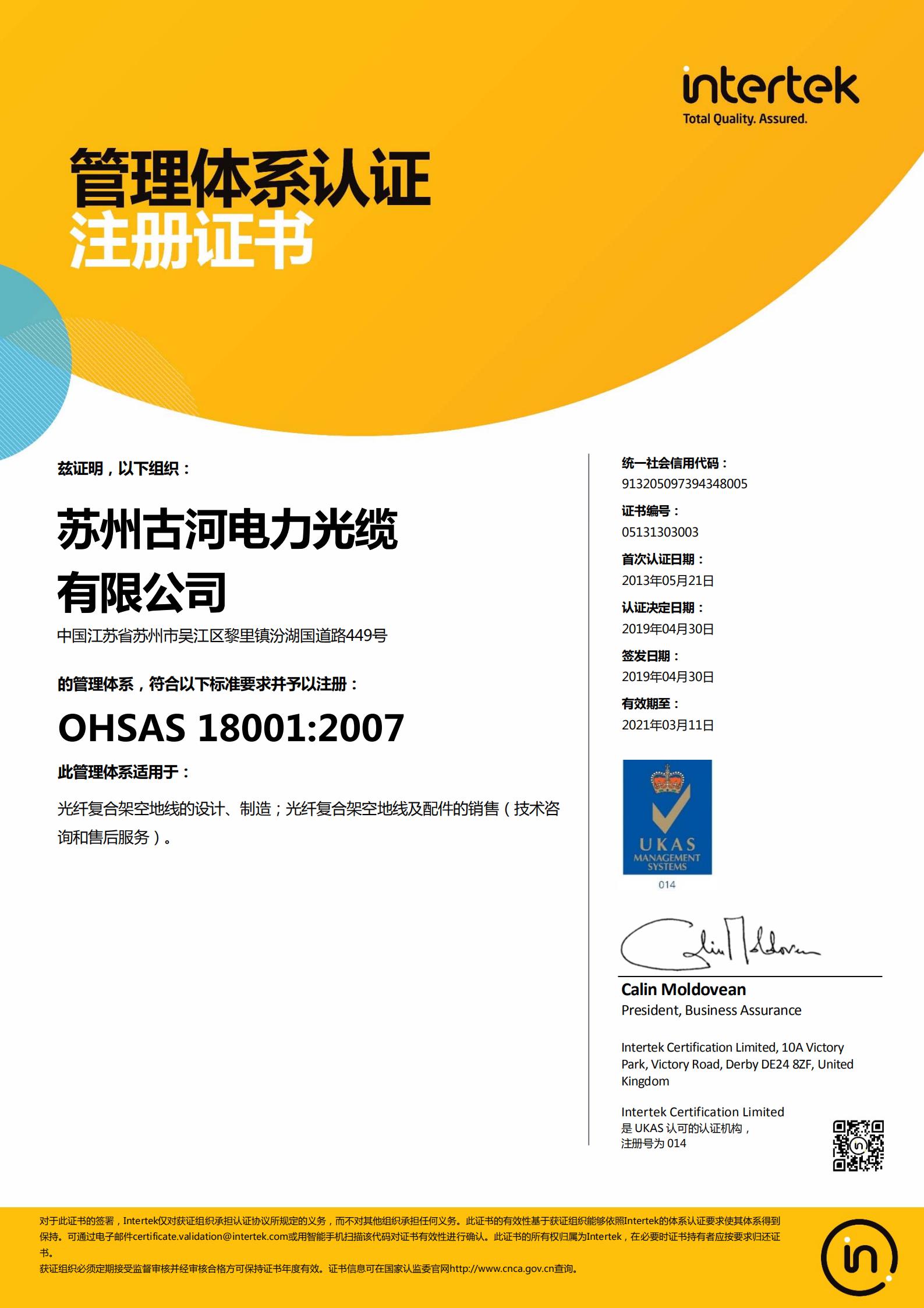 OHSAS 18001 Certificate (2018)